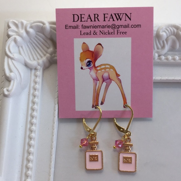 New Tiny Chanel N•5 Pink Perfume Bottle Hypoallergenic Gold Earrings - Picture 4 of 7